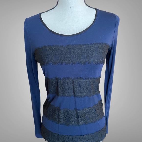 White House Black Market Tops - White House Black Market Long Sleeve Blue/Black Lace Stripe Top Size XXS